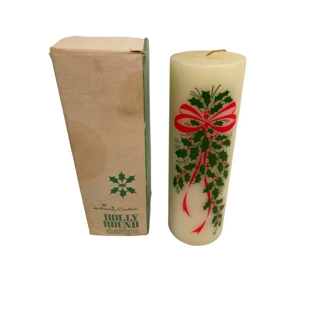 *Vintage Hallmark Pillar Candle Holly Round Design Christmas Collectible Decor